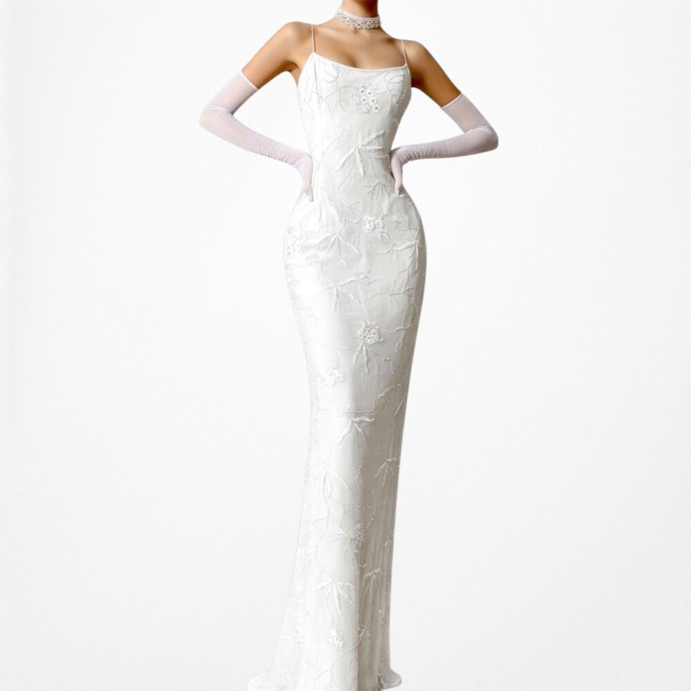 Vintage Off White Floral Beaded Silk Bodycon Formal Cocktail Prom Dress Size M/L